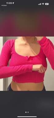 Out From Under Everyday Notch Neck Ribbed Long Sleeve Crop Top in Hot Pink